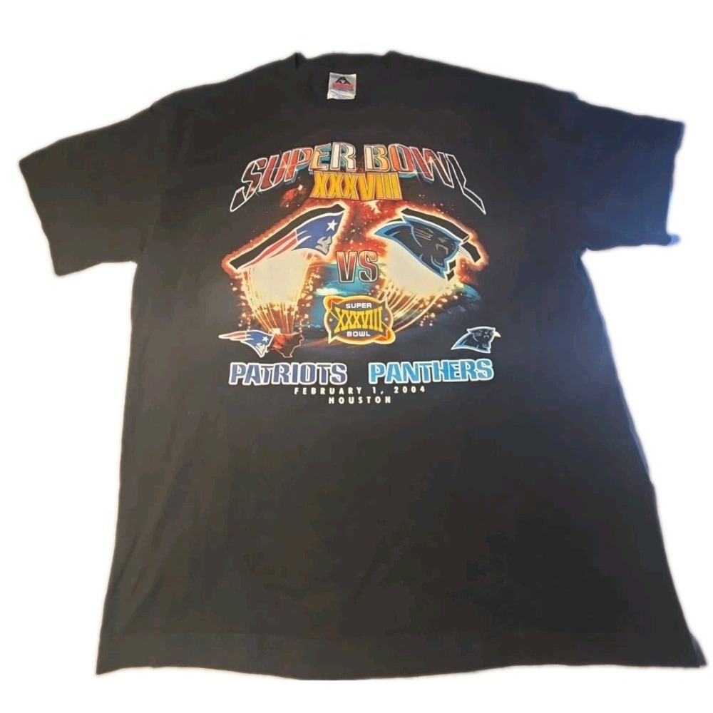 Vintage 2004 Super Bowl XXXVIII Shirt Mens XL AAA Alstyle Patriots Panthers Blac